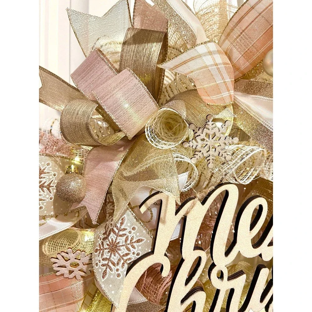 Christmas Snowflake Holiday Ribbon Door Wreath Handmade 22 ins LED W12 Gold Pink